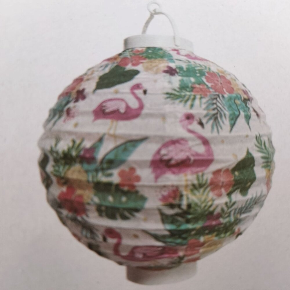 LED Paper Lantern Flamingo Tropical 8x8 In Tropical Tiki Beach Patio Pool Party